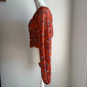 Free People Orange and Blue Floral Cinched V-Neck Longsleeve Blouse Size M thumbnail 3