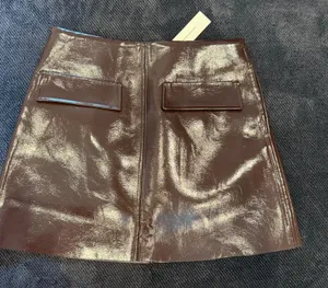 Commense‎ Brown Patent Faux Leather Mini Skirt High Waist A-Line NWT Size Medium thumbnail 1