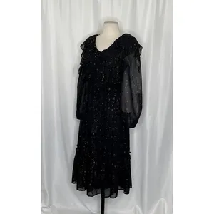 BY THE RIVER Chiffon Midi Dress Ruffled Black Gold Stars Party Glam Star Small‎ thumbnail 6