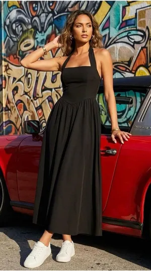 ZESICA Women's Summer Sleeveless Halter Midi Black Dress Size Large thumbnail 1