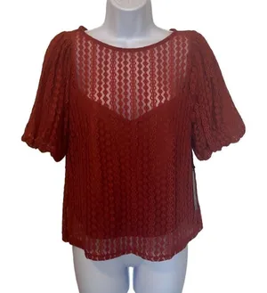 Haute Monde Short Puff‎ Sleeve Geometric Lace Sheer NWT Orange Medium Workwear thumbnail 1