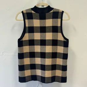 Loft Outlet Black Tan Buffalo Plaid Mock Neck Sleeveless Sweater Vest Top Career thumbnail 2