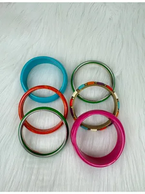 Y2K Lot of 6 Chunky Acrylic Stackable Bangle Bracelets Multi-Color Boho Chunky thumbnail 7