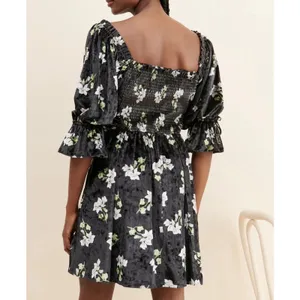 Hutch Velvet Floral Mini Dress Smocked Black Size Large Romantic Milkmaid thumbnail 4
