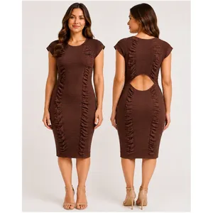 AURA Ruched Bodycon Dress Women Large‎ Brown NWT Cutout Back Ribbed Knit Sheath thumbnail 2