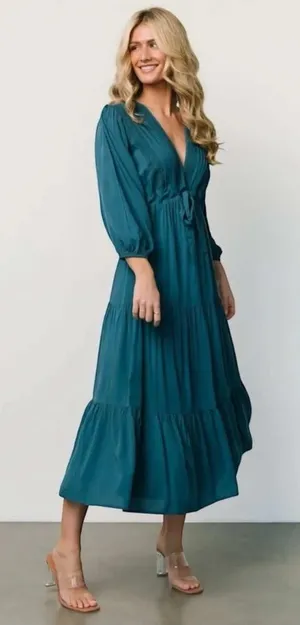 Baltic Born Maxi Dress Size Large Teal Boho Tiered Crochet Trim Romantic Prairie thumbnail 1
