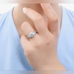 Sterling Silver Round Cubic Zirconia Halo Art Deco Ring (5) thumbnail 4