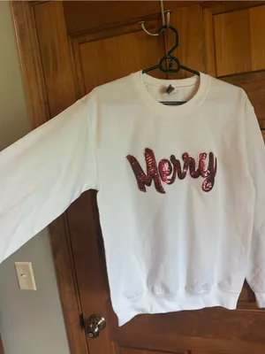 Merry Sequin Christmas Crewneck Sweater White with Red Accent size small! thumbnail 4