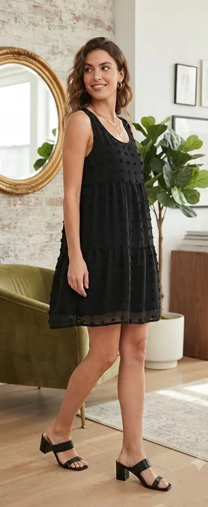Zenana Outfitters Black Sleeveless Tiered Pom-Pom Mini Dress thumbnail 1