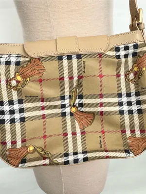 Burberry Nova Beige Plaid Leather-Trim Shoulder Bag “B” embellishment thumbnail 5