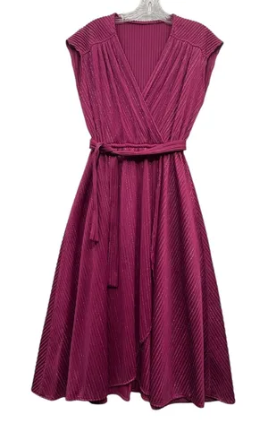 Vintage‎ Women's Plunging V Neck Wrap Midi Dress Metallic Belted Pleated Pink S thumbnail 1