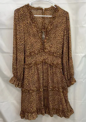 Women's brown leopard print ruffle deep v-neck flowy long‎ sleeve casual dress S thumbnail 1