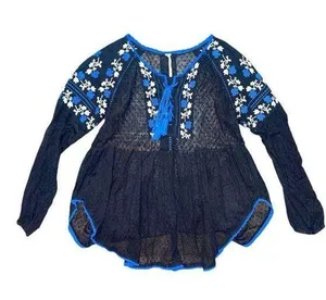Free People transparent black blue embroidered tassel blouse women’s size XS thumbnail 1