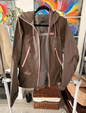 Brown & Pink Hooded Rain Jacket Size M Waterproof Shell Helly Hansen Ekolou thumbnail 1