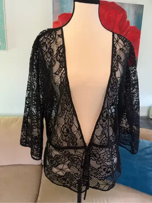 Source Unknown Cardigan Size large l Blouse Shirt Top lace Black tie front thumbnail 1