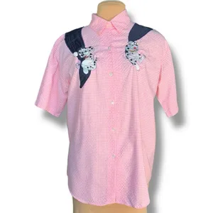 Vintage‎ 80s Embroidered Shirt Pink GinghamTop Plaid Button Up Dalmatian Puppy thumbnail 14