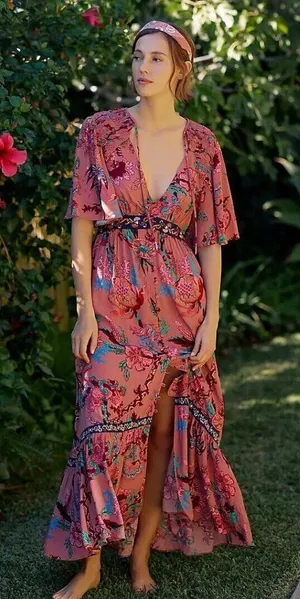 NWT by Anthropologie Ruffled Embroidered Maxi in Pink Floral V-neck Dress S thumbnail 1