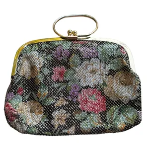 Vintage Floral Metal Mesh Evening Bag Gold Tone Kiss Lock Ring Handle Clutch thumbnail 1