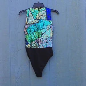 Oleg Cassini Black Tie Vintage Blue Green Sequin Sleeveless Dance Bodysuit S v6x thumbnail 2