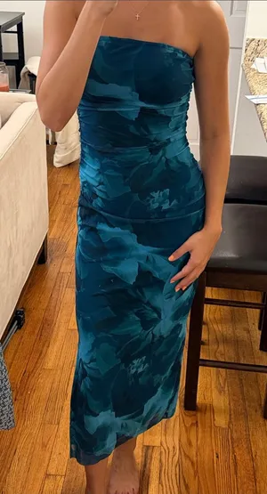 Pretty Garden Strapless Blue Teal Floral Midi Dress size Small thumbnail 1