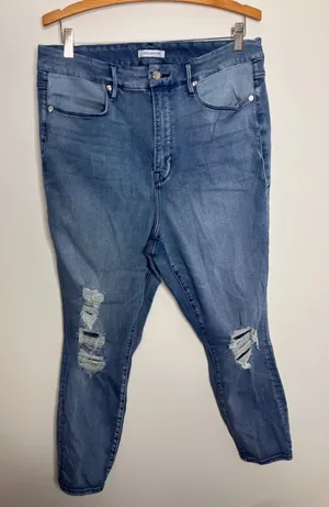 Good American Good Waist Crop Jeans Womens 18 Blue Excellent Distressed Skinny thumbnail 1