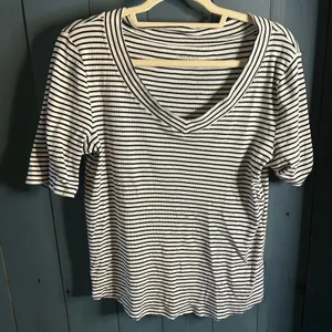 Talbots Black and White Striped V-Neck Tee | Size Large thumbnail 1