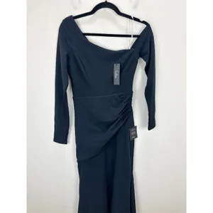 Lulus Elegant Sensation Navy Blue Asymmetrical Pleated Maxi Dress Formal XS NWT thumbnail 6
