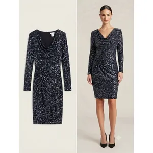 Vintage Cache Cocktail Dress Womens S Black‎ Sparkle Ruched Glitter Party Glam thumbnail 2