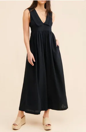 Free People Black Linen Blend Wide Leg Peter Pan Collar Jumpsuit Whimsygoth thumbnail 1