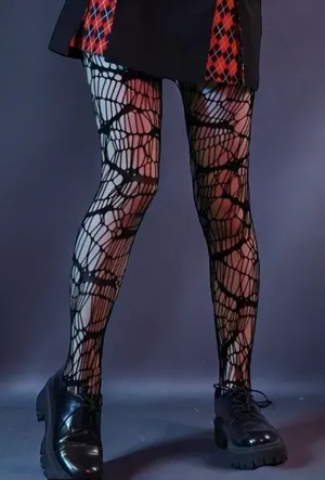 Black‎ Bat Patterned Fishnet Tights, High Waist Footed Pantyhose One Size thumbnail 1