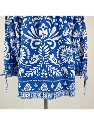 NWOT John Mark Linen Blend Floral Smocked Sleeves Top Blouse Shirt Blue Size M thumbnail 8