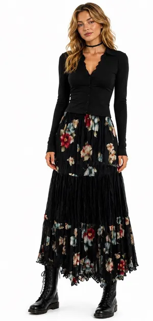 Vintage ‘90s Delah McKay Black Floral Print Semi-Sheer Tiered A-Line Maxi Skirt thumbnail 1