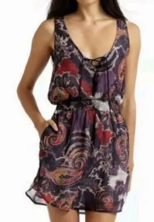 Free People Falling for Georgette Paisley Lace Up Mini Dress Purple Size Medium thumbnail 1