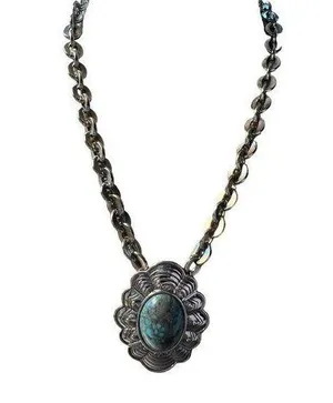 Vintage Silver Tone Necklace Concho Faux Turquoise Pendant Southwestern 18" thumbnail 1