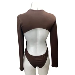 Edikted Brown Long Sleeve Crew Neck Open Back Cutout T Shirt Bodysuit Top Size S thumbnail 2