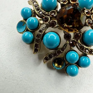Chico's Faux Turquoise Rhinestone Brooch Pin Antique Gold Tone Signed ✨ thumbnail 5