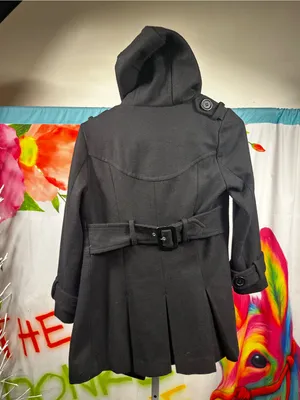 W6Sugarfly- Black Hooded Wool-Blend Pea Coat with Teal Lining thumbnail 5