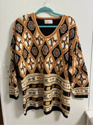 Vintage Jennifer Reed Geometric Grandma core V-Neck Sweater - Black & Mustard L thumbnail 1
