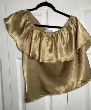 Lola & Sophie One Shoulder Ruffle Top Womens Size S Gold Metallic Party Blouse thumbnail 1