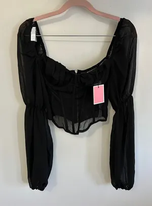 Pretty Little Thing Black Chiffon Balloon Sleeve Corset Top thumbnail 1