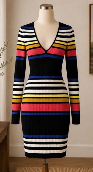 Free People Gidget Sweater Dress Striped Ribbed Puff Sleeve Mini Dress thumbnail 1