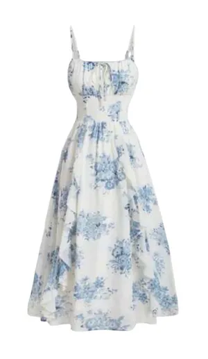 Womens Floral Midi Sundress Milkmaid Empire Waist Tie Front Ruffles Cottagecore thumbnail 1