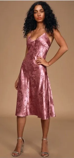 Lulus Calla Love Mauve Pink Jacquard Satin Slip Dress Sz M Fairy Coquette Party thumbnail 1