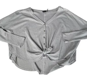 Out From Under Urban Outfitters Waffle Knit Button Front Tie Top Grey Small thumbnail 1