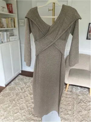Pretty Lavish Bodycon Midi Dress Taupe Off Shoulder Knit Neutral Quiet Luxur NEW thumbnail 3