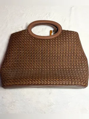 Vintage Fossil Brown Woven Tote Bag with Leather Trim & Logo Key Charm thumbnail 5