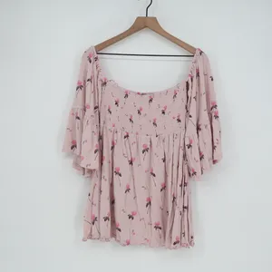 Free People Pink Floral Smocked Square Neck Bell Sleeve Blouse‎ Top M thumbnail 2