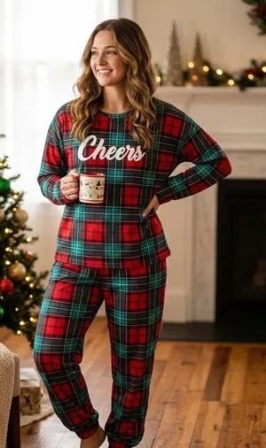 Joyspun Womens Red Plaid Cheers Christmas Pajama Set Jogger PJs Medium Holiday thumbnail 1