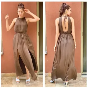 Zara Empire Waist Brown Satin Open Back Slit Maxi Dress Size XS thumbnail 2