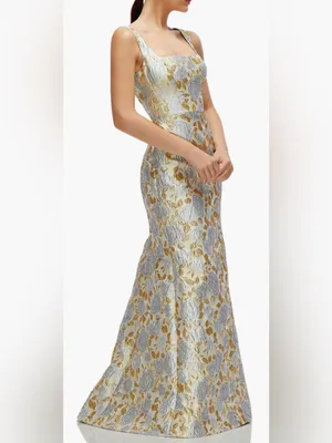 NEW DESSY COLLECTION Metallic Floral Brocade Trumpet Winter Mist Gown Sz 16 thumbnail 2